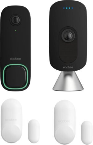 ecobee Home Security Bundle with Smart Doorbell Camera (Wired), SmartSensor for Doors and Windows, and SmartCamera with Voice Control.