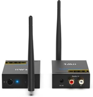 1Mii 2.4Ghz Wireless Audio Transmitter Receiver for TV, 320ft Long Range 20ms Low Delay 192kHz/24bit HiFi Audio, Wireless Adapter Kit for Subwoofer/Powered Speaker/Stereo/Soundbar, RCA(3.5mm)Out/input