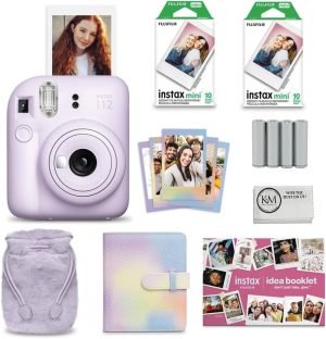 Fujifilm INSTAX MINI 12 Instant Film Holiday Camera Bundle (Lilac Purple) with Instax Mini Film (10 exposures) + Four AA Batteries & Cleaning Cloth (9 Items)