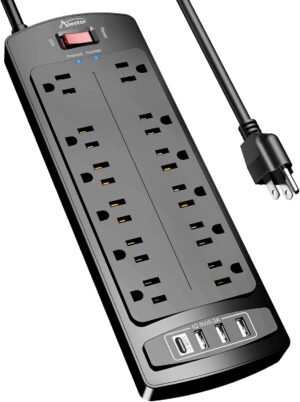 Power Strip, ALESTOR Surge Protector with 12 Outlets and 4 USB Ports, 6 Feet Extension Cord (1875W/15A), 2700 Joules, ETL Listed, Black