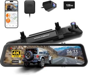 WOLFBOX G900 PRO Mirror Dash Cam with STARVIS 2 IMX678, 12 inches Rear View Mirror Camera with Front 4K and Rear 2.5K, Included 128GB Card, Voice Control, 5.8GHz WiFi, Loop Recording, G-Sensor & GPS