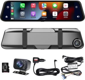 12″ 2K Rear View Mirror Dash Cam Backup Camera, in-Mirror Smart HD Full Touch Screen Front&Rear Video Players Support Apple CarPlay&Android Auto for Cars&Trucks, Parking Monitoring, 64GB Card