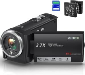 Video Camera Camcorder, QHD 2.7K Camcorder 50MP 16X Digital Video Camera for YouTube, 2.8” 270 Degree Rotation Screen Video Recorder Vlogging Camera with 32GB Card and Two Batteries