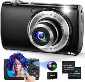 5K Digital Camera for Photography Autofocus with 5X Optical Zoom, 2024 Upgraded 64MP Vlogging Camera with Front and Rear Lens, Touch Screen, SD Card, 2 Batteries, Compact Point and Shoot Camera, Black
