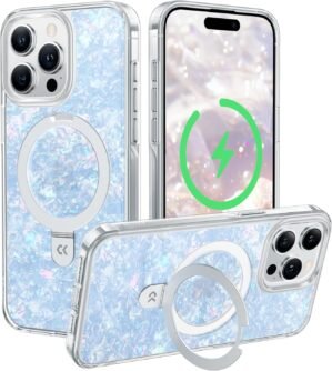 CASEKOO Pearl Shell for iPhone 15 Pro Max Case with Magnetic Ring Stand [Compatible with Magsafe][12 FT Military Drop Protection] Translucent Slim Phone Cover for Women, Gorgeous & Stylish(2024), Blue