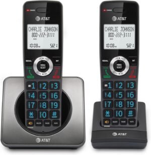 AT&T GL2101-2 DECT 6.0 2-Handset Cordless Home Phone with Call Block, Caller ID, Full-Duplex Handset Speakerphone, 2″ White Backlit Display, Lighted Keypad (Graphite & Black)