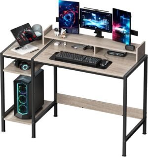 Computer Desk – 47” Gaming Desk, Home Office Desk with Storage, Small Desk with Monitor Stand, Writing Desk for 2 Monitors, Adjustable Storage Space, Modern Design Corner Table