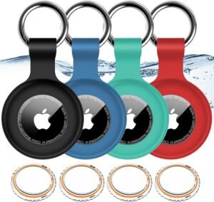 4 Pack,IPX8 Waterproof Airtag Holder for Apple Air Tags with Air Tag Keychain,Shockproof GPS Cover [Anti-Scratch] [PC+Silicone] Air-Tag Item Finders Case for Pets,Kids,Luggages-Black/Blue/Green/Red