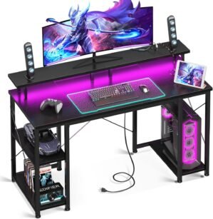 ODK 48 inch Gaming Desk with LED Lights & Power Outlets, Computer Desk with Monitor Stand & Storage Sheves, CPU Stand, Home Office Desk, Black