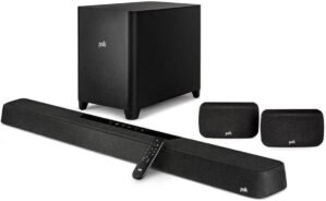 Polk MagniFi Max AX SR 7.1.2 Channel Sound Bar with 10″ Wireless Subwoofer & SR2 Surround Speakers, Dolby Atmos and DTS:X Certified, Polk’s Patented VoiceAdjust & SDA Technologies, Black
