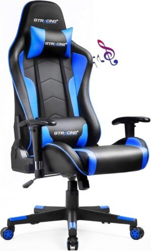 GTRACING Gaming Chair with Speakers Bluetooth Music Video Game Chair Audio Ergonomic Design Heavy Duty Office Computer Desk Chair（Blue）