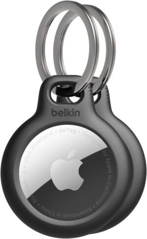 Belkin Apple AirTag Secure Holder with Key Ring – Durable Scratch Resistant Case With Open Face & Raised Edges – Protective AirTag Keychain Accessory For Keys, Pets, Luggage, Backpacks -2 Count Black
