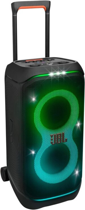 JBL PartyBox Stage 320 – Portable Party Speaker with Telescopic Handle & Wide, Sturdy Wheels, Powerful JBL Pro Sound, Futuristic lightshow, Up to 18 Hours of Play time, Splash Proof (Black)