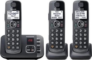 Panasonic DECT 6.0 Expandable Cordless Phone System with Answering Machine and Call Blocking – 3 Handsets – KX-TGE633M (Metallic Black)