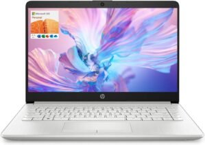 HP Portable Laptop, Student and Business, 14″ HD Display, Intel Quad-Core N4120, 8GB DDR4 RAM, 64GB eMMC, 1 Year Office 365, Webcam, RJ-45, HDMI, Wi-Fi, Windows 11 Home, Silver