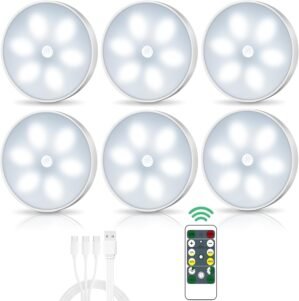LED Closet Lights Wireless Motion Sensor Puck Light with Remote Control,USB Rechargeable Puck Lights, Dimmable Under Cabinet Indoor Lighting Magnet Stick-on Light for Counter Kitchen Wardrobe (6 Pack)