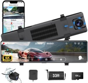 4K Mirror Dash Cam Front and Rear, 12” Dual WiFi Dashcam for Cars with Voice Control, ADAS&BSD&LCA, GPS, Reverse Assist, G-Sensor, 24 Parking Monitor, Free 64GB Card