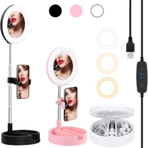 Portable Multi-Functional 6.3″ Dimmable LED Selfie Continuous Video Halo Ring Light Zoom Live Stream Phone Holder Stand with Makeup Vanity Mirror Foldable Online Meeting Table Lamp (Pink)