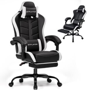 GTPLAYER Gaming Chair with Footrest, Computer Gaming Chair for Adults and Kids, Height Adjustable Gamer Chair with 90-155° Recline & Removable Headrest Lumbar Support (Carbon Black-White)