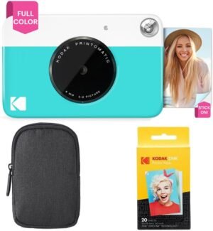 KODAK Printomatic Full-Color Instant Print Camera Starter Bundle + Carrying Case + Zink 20pk Photo Paper – Colorful Photos On 2×3 Sticky-Back Paper – Fun Gift for Birthday Christmas Holiday – Blue