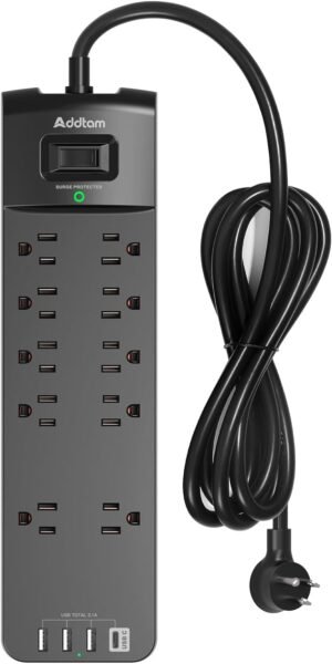 Power Strip – Addtam Surge Protector with 10 Outlets and 4 USB Ports, 6 Feet Extension Cord with Flat Plug, 2700 Joules, ETL Listed, Black