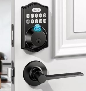 keyless Entry Door Lock deadbolt with Handle Set-Front Smart Door Locks for Front Door-with 2 Lever Handles-Electronic Keypad Code Deadbolt,Fingerprint Door Lock-Auto Lock(Black)