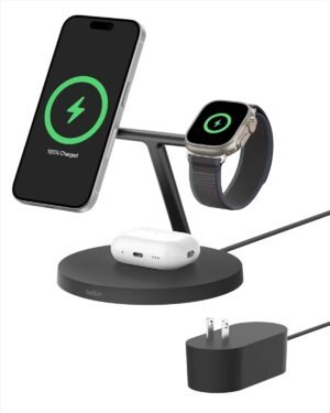 Belkin MagSafe-Compatible Charger, 3-in-1 Wireless Charging Station, Qi2-Certified 15W Wireless Charger for Apple iPhone 16 Series, Apple Watch, AirPods w/Non-Slip Base, 40W Charger Included – Black