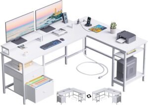 Furologee 66” L Shaped Desk with Power Outlet, Reversible Computer Gaming Desk with File Drawer & 2 Monitor Stands for Home Office with Storage Shelves, White