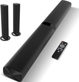 Sound Bar, 60W Sound Bar for Smart TV, 5.0 Bluetooth Soundbar for TV, Wired & Wireless Soundbar with Volume Boost & Equalizer Mode,ARC/Optical/AUX Connection, 2 in 1 Detachable TV Sound Bar