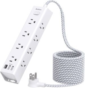 Surge Protector Power Strip – 10 FT Extension Cord, Power Strip with 12 Widely AC Outlet 3 USB, Flat Plug, Wall Mount Overload Protection, 1050J, Desk Charging Station for Home Office, ETL Listed