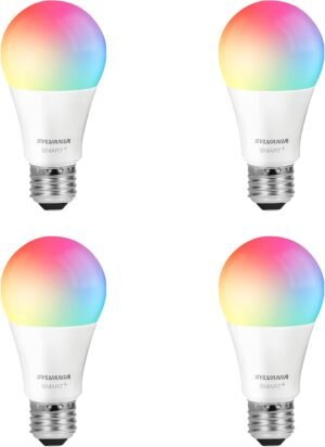 SYLVANIA Wifi LED Smart Light Bulb, 60W Equivalent Full Color and Tunable White A19, Dimmable, Compatible with Alexa and Google Home Only – 4 Pack (75674)