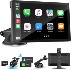 Wireless Carplay Screen for Car with 4K Dash Cam, 9″ Portable Carplay & Android Auto, Car Stereo Touchscreen with 1080p Backup Camera, GPS Navigation/Voice Control/Mirror Link/Bluetooth