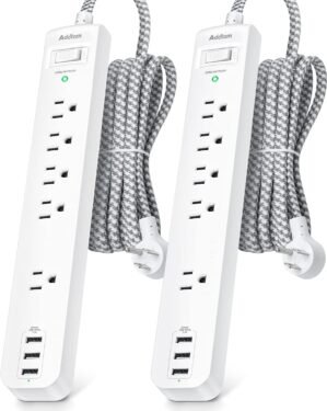 2 Pack Power Strip Surge Protector – 5 Widely Spaced Outlets 3 USB Charging Ports, 1875W/15A with 5Ft Braided Extension Cord, Flat Plug, Overload Surge Protection, Wall Mount for Home Office,White