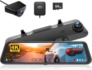WOLFBOX G850 12″ 4K Rear View Mirror Camera with 5.8GHz WiFi and Voice Control, Smart Mirror Dash Cam Front and Rear, Backup Camera with 1080P Rear Camera, Dash Cam with WDR, Includes 64GB Card & GPS