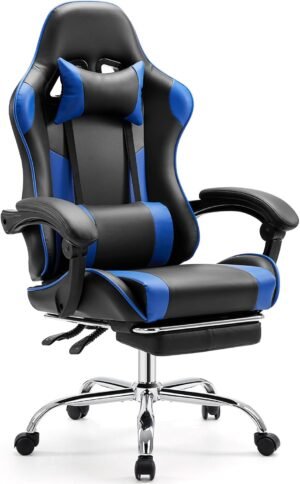 Sweetcrispy Video Game Desk Chair – Ergonomic Computer with Footrest and Comfy Lumbar Support, PU Leather Recliner with Headrest, Fixed Up Armrest, Height Adjustable with 360° Swivel, for Adults, Blue