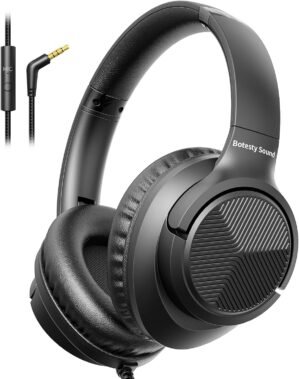 Headphones Wired with Microphone, Over Ear Foldable Headphones with 4.9ft Tangle-Free Nylon Cord, 3.5mm Plug in Headphones for Smartphone,Tablet,Computer,MP3/4 (Black)