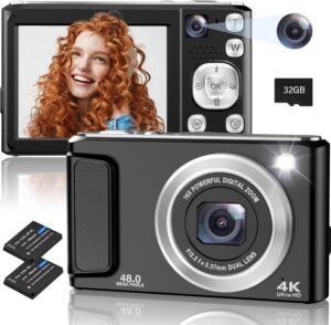 4K Digital Camera, 48MP Autofocus Cameras for Photography,Vlogging Compact Camera with Front and Rear Camera, 16X Zoom Protable Point and Shoot Cameras with 32GB SD Card,Anti-Shake,2 Batteries