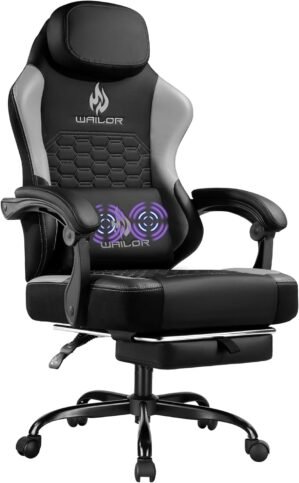 Gaming Chair with Massage and Packet Spring Cushion,Ergonomic Gamer Chairs for Adults with Footrest 300lbs,High Back Gamer Leather Chair with Headrest and Lumbar Support