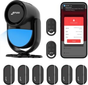 CPVAN Home Alarm System, WiFi PIR Motion Sensor Alarm, Wireless DIY Smart Door/Window Alarm for Home Security with Phone APP Alert 9 Pieces-Kit (Indoor PIR Alarm Host, 6 Door Sensors, 2 Remotes),Black