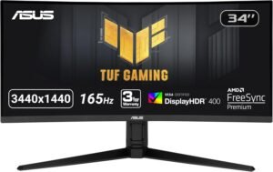 ASUS TUF 34 Inch Curved Gaming Monitor – WQHD (3440×1440), 165Hz, 1ms, Extreme Low Motion Blur, FreeSync Premium, Eye Care, Height Adjustable, DisplayHDR 400, DisplayPort, HDMI, USB – VG34VQL1B