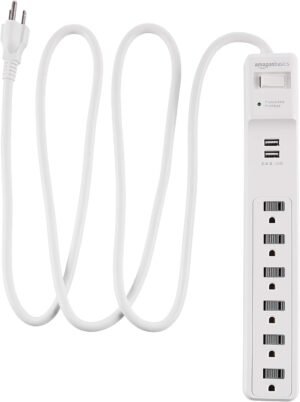 Amazon Basics Surge Protector Power Strip with 2 USB Ports, 6 Outlet Extension Cord, Rectangle, 1000 Joule, 6 ft, White