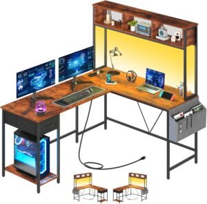 Yoobure L Shaped Desk with LED Strip & Power Outlet, Reversible L-Shaped Computer Desk, Corner Desks Home Office Desk with Drawer, Gaming Desk