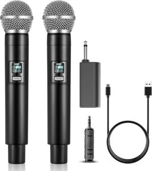 ALPOWL Wireless Microphone, UHF Dual Handheld Cordless Microphone with Rechargeable Receiver, 40H Duration, 200ft Range, Microphone for Singing, Karaoke, Church, Speech, Wedding, Party Singing