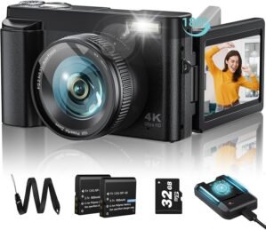 Upgrade 4K Digital Camera for Photography 48MP with 3” 180° Flip Screen 16X Zoom Autofocus Vlogging Camera for YouTube, Compact Point and Shoot Cameras with 32G Card, 2 Batteries & Battery Charger