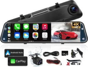 4K Rear View Mirror Camera with Carplay&Android Auto,12″ Mirror Dash Cam Front and Rear with Voice Control for Cars&Trucks,Smart Touch Screen,64GB Card Included/Parking Monitor/Reverse Assist