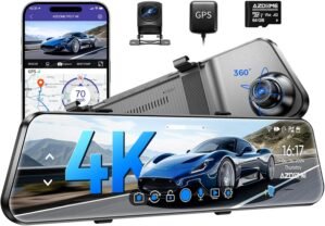 AZDOME PG17 4K 12″ Mirror Dash Cam Front and Rear, WiFi Rear View Mirror Camera with 64GB Card, Waterproof 1080P Rear Camera, GPS, Voice Control, WDR Night Vision, Driving Assistant
