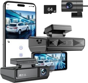Dash Cam Front and Rear, 4K Dual Channel Dash Camera for Cars, Car Dashcam Dashboard Camera Recorder with 3.4″ IPS Display, 24h Parking Mode, Loop Record, 170°Wide Angle WDR, G-Sensor, WiFi, 64GB