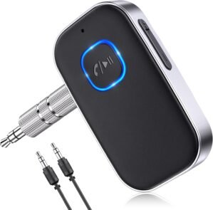 COMSOON Bluetooth Receiver for Car, Noise Cancelling 3.5mm AUX Bluetooth Car Adapter, Wireless Audio Receiver for Home Stereo/Wired Headphones, Hands-Free Call, 16H Battery Life – Black+Silver