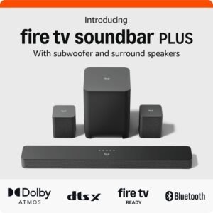 Introducing Amazon Fire TV Soundbar Plus with subwoofer and surround sound speakers, 5.1 channel, Dolby Atmos, DTS:X, clear dialogue, 2024 release