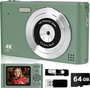 Digital Camera,FHD 1080P Camera with 64GB Card,44MP Digital Point and Shoot Kids Camera with Anti Shake 16X Zoom，Portable Small Camera Gift for Kid Girl Boy Teen (Green)